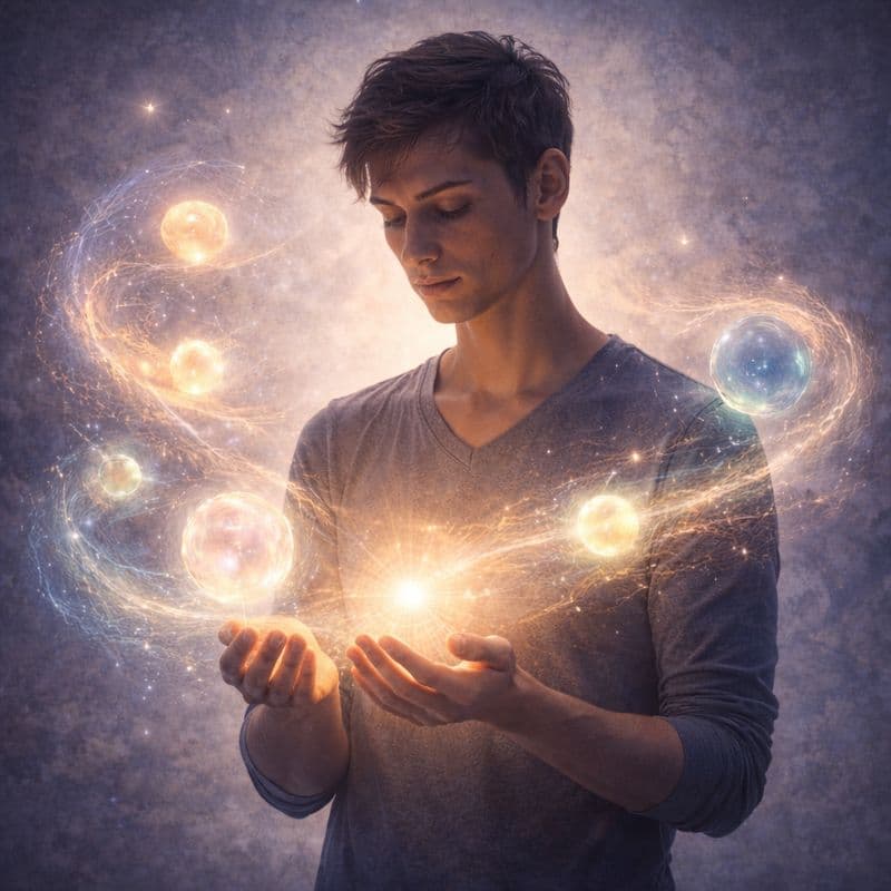 INFJ personlighetstyp Sverige - introspektiv man i djup eftertanke omgiven av kosmiska tankar och universum